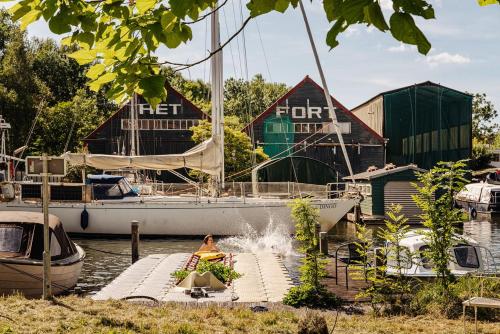 a person sitting on a chair on a dock with a boat at The Quay Amsterdam - FREE PARKING in Amsterdam