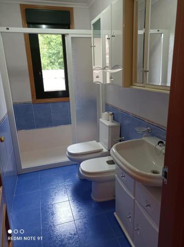 La salle de bains est pourvue de toilettes, d'un lavabo et d'un miroir. dans l'établissement apartamento de dos habitaciones en Quiroga, à Quiroga