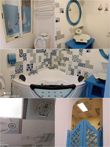 eine Collage aus zwei Bildern eines Badezimmers mit Badewanne in der Unterkunft 【遇見婚紗秘境】夜市4人包館、百萬影院KTV、Xbox、按摩浴缸/椅、真空管、好友同樂會 in Luodong