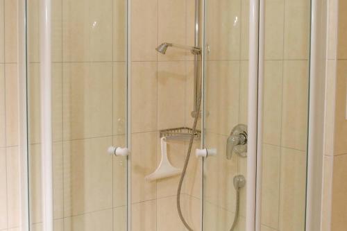 eine Dusche mit Glastür in der Unterkunft Dünenschloss Dünenschloss 2-09 in Kühlungsborn