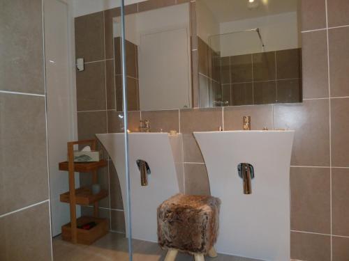 uma casa de banho com 2 lavatórios e um chuveiro em Studios Albri em Nogent-sur-Marne