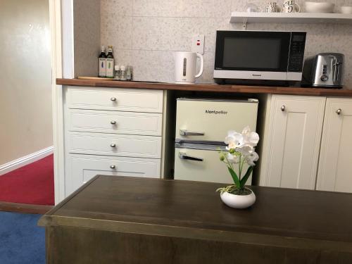a kitchen with a table with a refrigerator and a microwave at Railway Avenue Rooms in Clifden