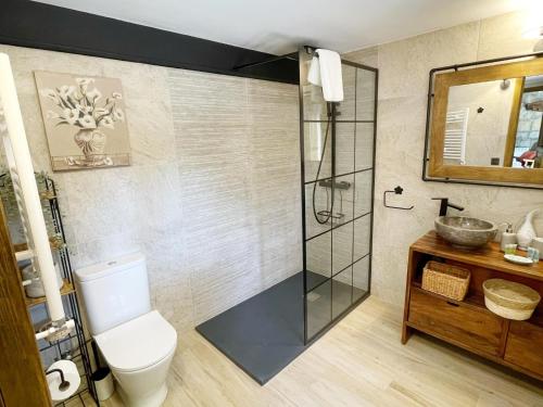 ein Bad mit einer Dusche, einem WC und einem Waschbecken in der Unterkunft La Fontanilla en Estación de El Espinar in Segovia