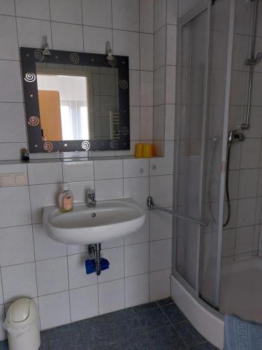 een badkamer met een wastafel, een spiegel en een douche bij Ferienquartier Z3 in Zinnowitz