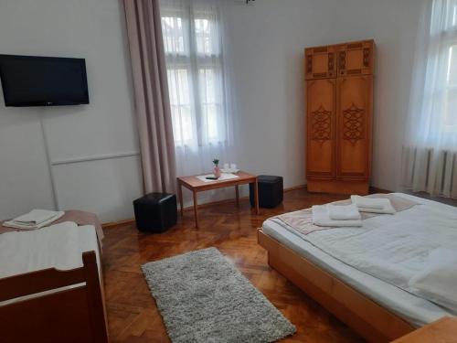 a bedroom with a bed and a television and a table at Vila Viorica in Sovata