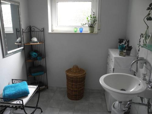 a bathroom with a sink and a toilet and a window at FEWO Mariposa in Riegelsberg