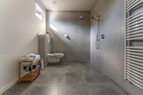 a bathroom with a shower and a toilet at De Hoog Velden 11 in Pelt