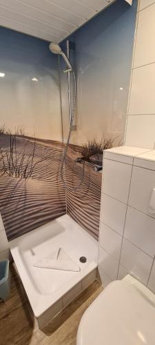 a bathroom with a toilet and a shower in it at Bungalow "Achtern" in Zingst