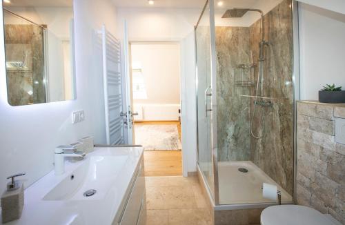 een badkamer met een douche, een wastafel en een toilet bij Ferienwohnung Untersbergblick in Salzburg