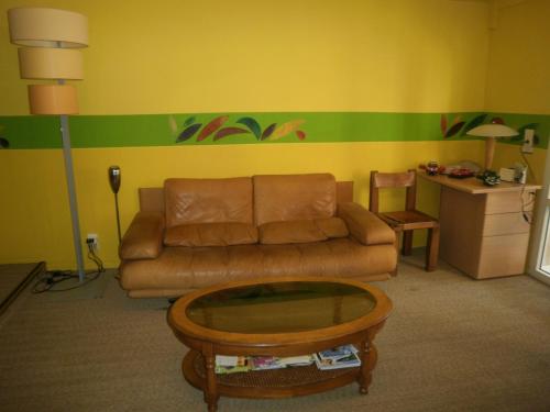 a living room with a couch and a coffee table at Face au Sancy in Aydat
