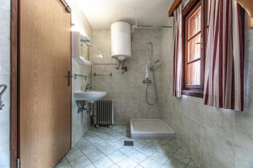 a bathroom with a sink and a shower and a toilet at Mala koča Wooden Cabin in Goreljek
