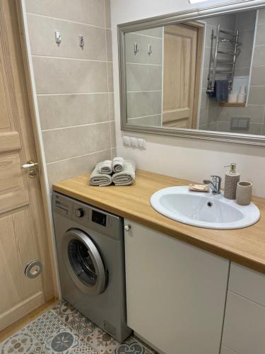 a bathroom with a sink and a washing machine at Cozy apartment near TalTech and Elamus SPA in Tallinn