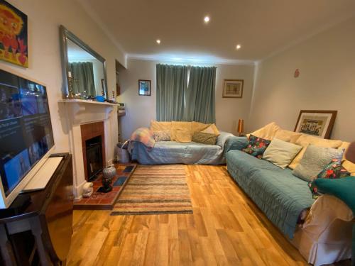 a living room with a couch and a fireplace at Homecroft in Saundersfoot