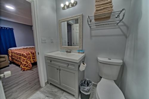 a bathroom with a toilet and a sink and a mirror at Aqua View Motel in Panama City Beach