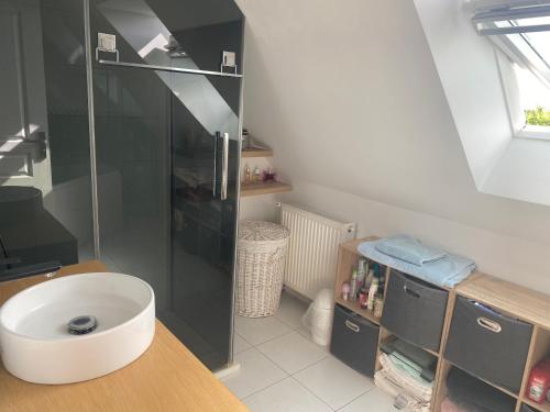 uma casa de banho com uma cabina de duche em vidro e um WC. em Loue maison très proche du circuit des 24h du Mans em Mulsanne