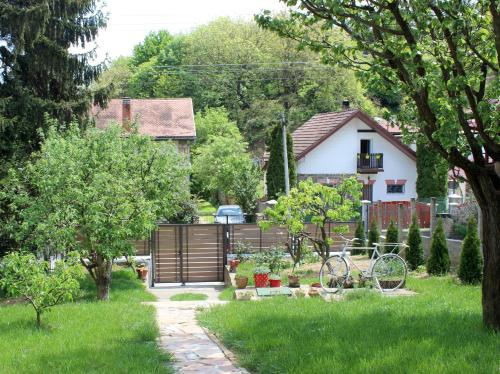 a yard with a house and a bike in the grass at Buzzing Retreat in Velika Remeta