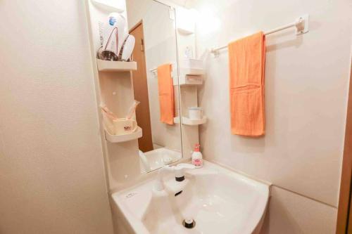 a white bathroom with a sink and a mirror at 可容13人106平独栋别墅机场33分钟直达离難波心斎橋道顿堀做地下铁5分钟3个独立卧室都带有私人干湿分离智能马桶 淋浴房洗面台3卫3浴3洗面台 in Osaka