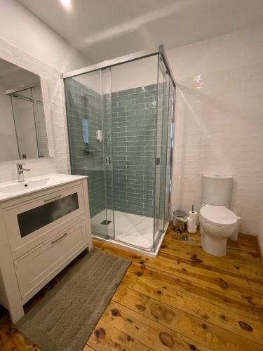 a bathroom with a shower and a toilet and a sink at Casa do Rio. Sossego à beira rio. in Rio de Onor