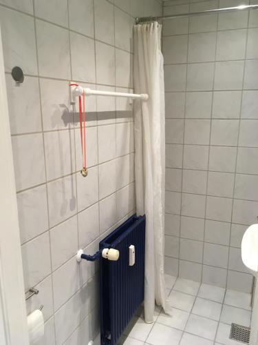 a white tiled bathroom with a shower curtain at Astas Apartment in Aalborg
