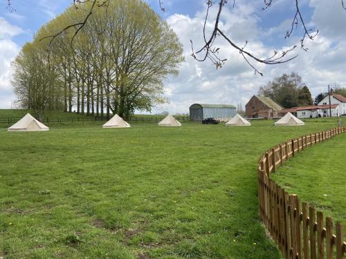 a field with some tents and a fence at Willow glamping in Norwich
