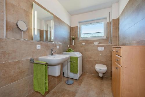 een badkamer met een wastafel, een toilet en een spiegel bij Quartier Görmitz - 44 in Zinnowitz