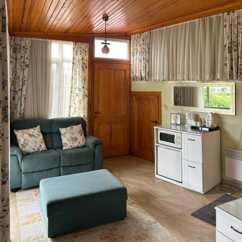 a living room with a couch and a kitchen at Three Palms Suites in Akyaka