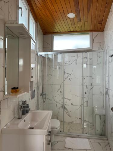 a bathroom with a shower and a sink and a toilet at Three Palms Suites in Akyaka