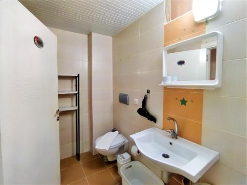 Baño pequeño con lavabo y aseo en Spacious and Cozy Apartment in Muratpasa Antalya en Antalya