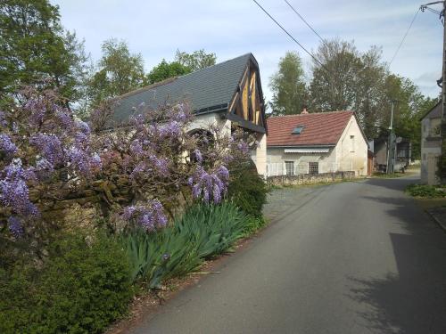a house with purple flowers on the side of a road at gîte des Caves in Civray-de-Touraine