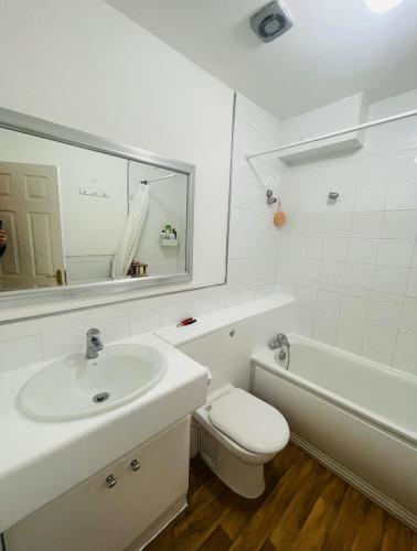 a bathroom with a sink and a toilet and a mirror at Up to 3 people, Room in a share house with private Garden access in London