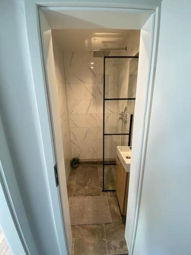 a bathroom with a walk in shower and a sink at Nisay Home - 3 Room Apartment - A1 in Ludwigsburg