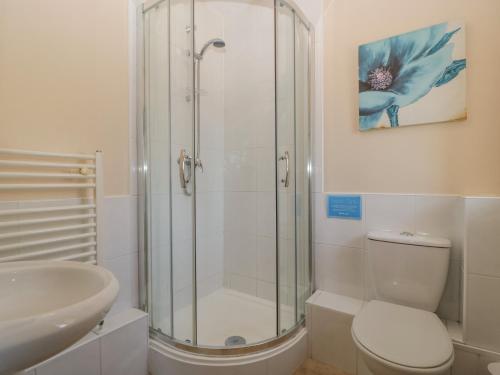 a bathroom with a shower and a toilet and a sink at Sunnyside in Weston-super-Mare