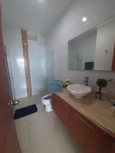 a bathroom with a sink and a toilet and a mirror at Apartamento Frente al Mar in Santa Marta
