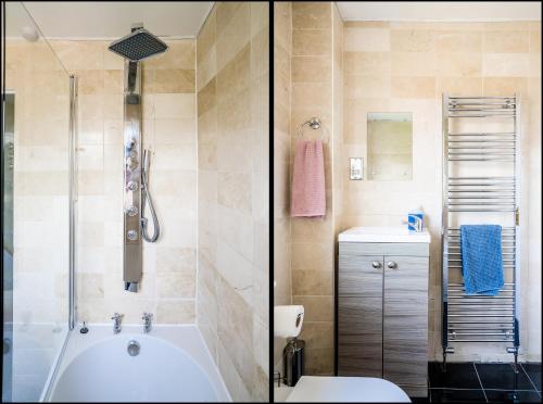 two images of a bathroom with a tub and a toilet at Cosy Nottingham City Centre Townhouse in Nottingham