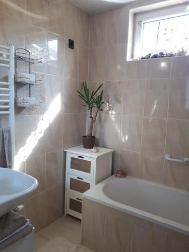een badkamer met een bad en een plant erin bij Nati Nagy Apartman in Siófok
