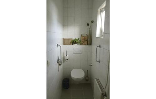 een witte badkamer met een toilet in een stal bij Ons Binkje in Loon op Zand