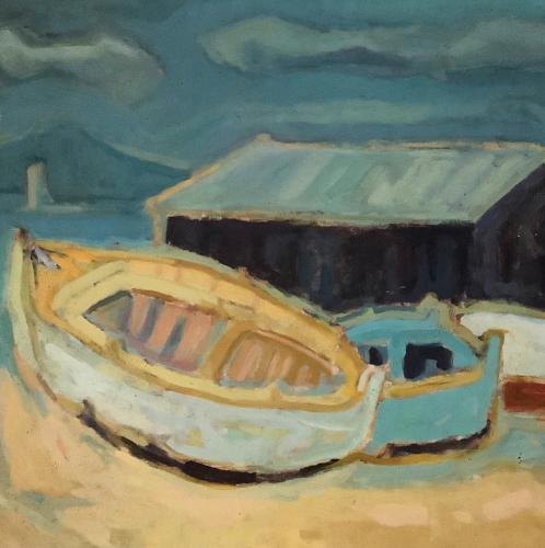 une peinture d'un bateau devant une maison dans l'établissement Gigaro - La Gassinière, à La Croix-Valmer