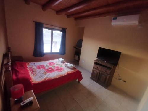 Dormitorio pequeño con cama y TV en Alquiler por día/semana en Luján de Cuyo