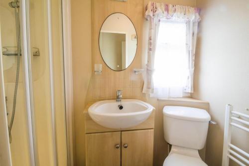 a bathroom with a sink and a toilet and a mirror at Great 6 Berth Caravan For Hire At Cherry Tree Holiday Park In Norfolk Ref 70801c in Great Yarmouth