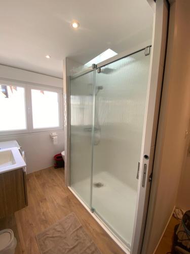 a glass shower in a bathroom with a sink at L’Abri Cotier - Appartement face mer 2/4 personnes in Fort-Mahon-Plage