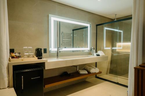 a bathroom with a sink and a mirror and a shower at Mirante da Colyna Hotel & SPA in Monte Verde