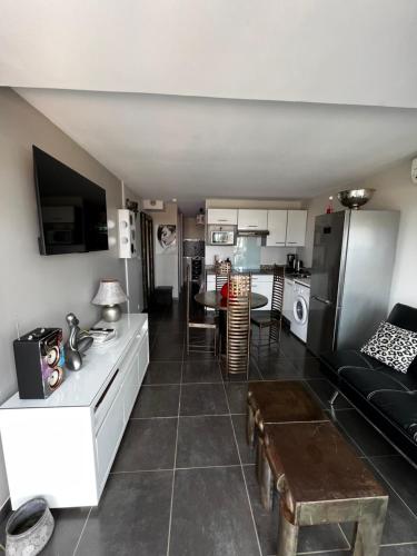 une cuisine et un salon avec un canapé et une table dans l'établissement Cap d’Agde, Village naturiste, port nature 5, coursive, au Cap d'Agde