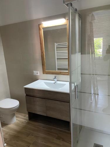 a bathroom with a sink and a toilet and a mirror at Cà di Giaco lodge in Moneglia