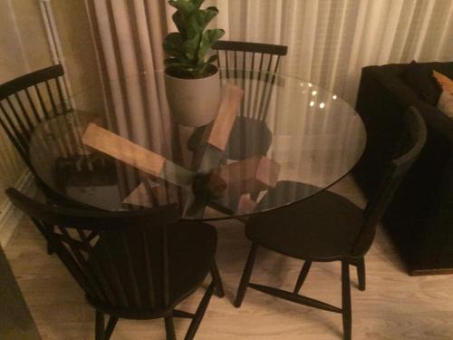 a glass dining table with two chairs and a potted plant at Ardor’s apartment in Antalya