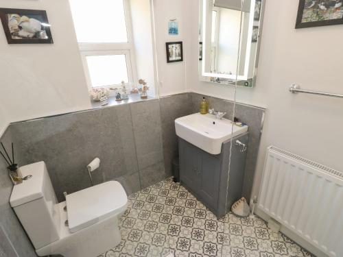 a bathroom with a white toilet and a sink at Canal View Cottage in Keighley