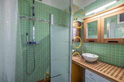 a green tiled bathroom with a shower and a sink at Saint Jacques Your Host Helper in Grenoble
