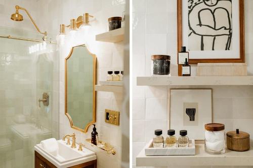 W łazience znajduje się umywalka oraz prysznic z lustrem. w obiekcie New! Boutique Inspired 2br Loft, Lake Geneva w mieście Lake Geneva