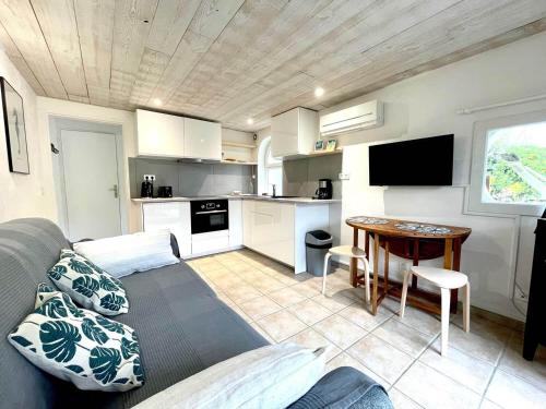 un salon avec un canapé et une table dans l'établissement Appartement La Gravière, à Soorts-Hossegor