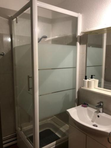 une salle de bain avec une douche en verre et un lavabo dans l'établissement Ciot'amour, ça vaut le détour !, à La Ciotat