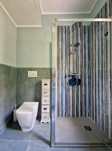 a bathroom with a shower with a toilet and a sink at Mister Barolo Apartments Langhe in Novello